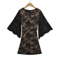 V-neck slim waist flared sleeve lace hip dress - Thumbnail 3