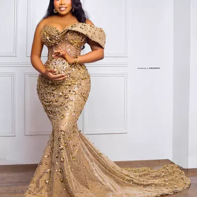 Aso ebi gold mermaid prom dress sheer neck sequined evening formal party second reception 50th birthday engagement gowns dresses