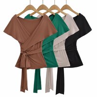 Sexy cross-over V-neck tie-string slim-fit shawl T-shirt - Thumbnail 3