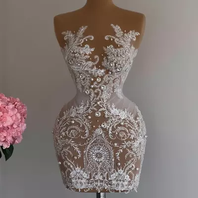 White cocktail dresses prom evening sheath lace pearls sheer neck mini short party graduation homecoming birthday holiday club gowns dress