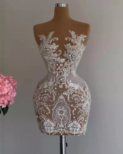 White Cocktail Dresses Prom Evening Sheath Lace Pearls Sheer Neck Mini Short Party Graduation Homecoming Birthday Holiday Club Gowns Dress