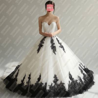 White Tulle and Black Lace Strapless Full Length Prom Dress Evening Dress Custom Hand Made W19-11.6