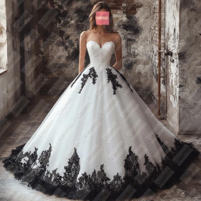 Prom Dress Evening Dress Custom White Tulle and Black Lace Strapless Full Length Hand Made W19-11.7