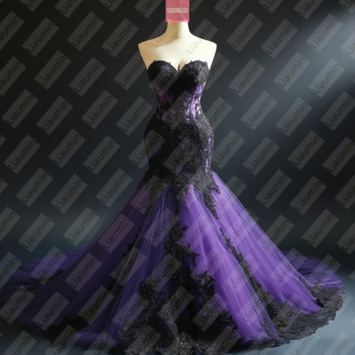 Purple tulle and black lace strapless full length prom dress evening dress custom hand made w19-12.1 - Thumbnail 1