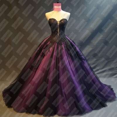 Purple tulle and black lace strapless wedding formal prom evening dress full length custom hand made w19-12.3 - Thumbnail 1