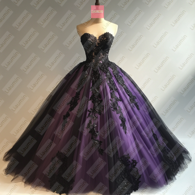 Purple Tulle and Black Lace Strapless Full Length Prom Dress Evening Dress Custom Hand Made W19-12.4