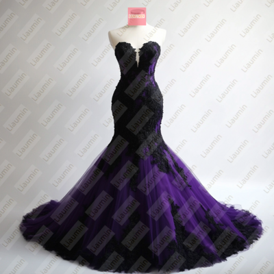 Purple tulle and black lace strapless full length prom dress evening dress custom hand made w19-12.7
