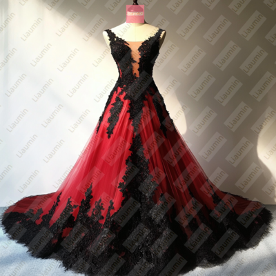 Red tulle and black lace full length prom dress evening dress custom hand made w19-13.1 - Thumbnail 3