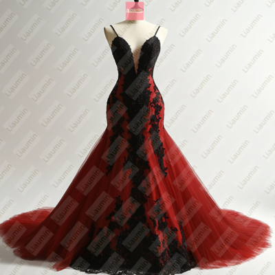Red tulle and black lace wedding formal prom evening dress full length custom hand made w19-13.3 - Thumbnail 2
