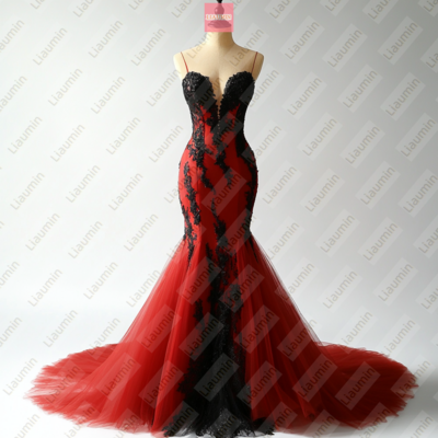 Red tulle and black lace wedding formal prom evening dress full length custom hand made w19-13.2 - Thumbnail 2