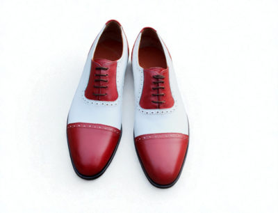 Crafted Leather Classic Red White Oxford Dress Shoes Handmade