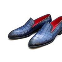 Crafted Leather Classic Blue Crocodile/Alligator Loafers Dress Shoes - Thumbnail 1