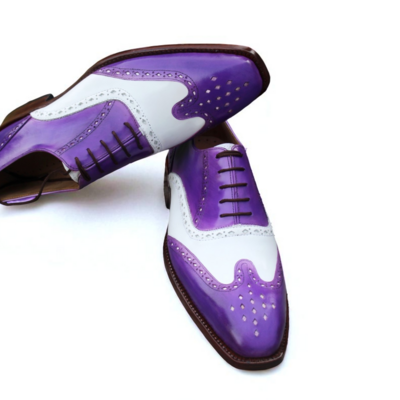 Crafted leather classic handmade purple white wingtip oxford dress shoes - Thumbnail 3