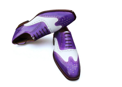 Crafted Leather Classic Handmade Purple White Wingtip Oxford Dress Shoes