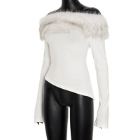 Furry paneled long-sleeved one-shoulder asymmetrical top - Thumbnail 1