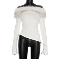 Furry paneled long-sleeved one-shoulder asymmetrical top - Thumbnail 2