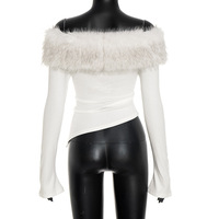 Furry paneled long-sleeved one-shoulder asymmetrical top - Thumbnail 5