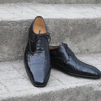 Crafted Leather Black Ostrich Leather Oxford Lace up Dress Shoes - Thumbnail 2