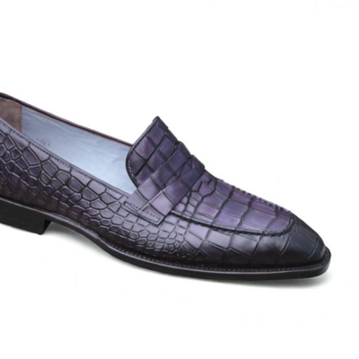 Crafted leather bespoke men dress shoes purple crocodile alligator leather moccasin loafers