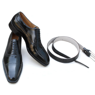 Crafted leather luxury black calf leather dress shoes with matching belt - Thumbnail 1