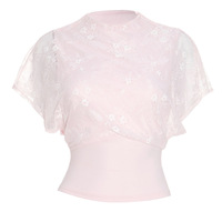 Versatile solid color lace stitching round neck waist cropped top - Thumbnail 1