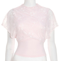 Versatile solid color lace stitching round neck waist cropped top - Thumbnail 2
