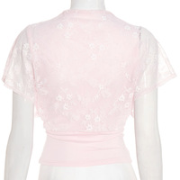 Versatile solid color lace stitching round neck waist cropped top - Thumbnail 3
