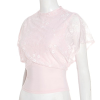 Versatile solid color lace stitching round neck waist cropped top - Thumbnail 4