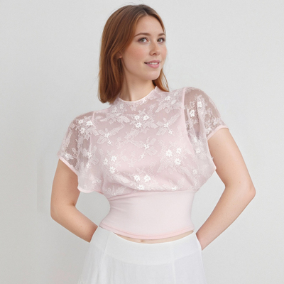 Versatile solid color lace stitching round neck waist cropped top
