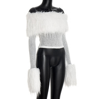 Sexy hottie style solid color short fur patchwork long-sleeved top - Thumbnail 1