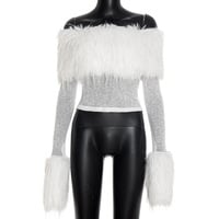 Sexy hottie style solid color short fur patchwork long-sleeved top - Thumbnail 5