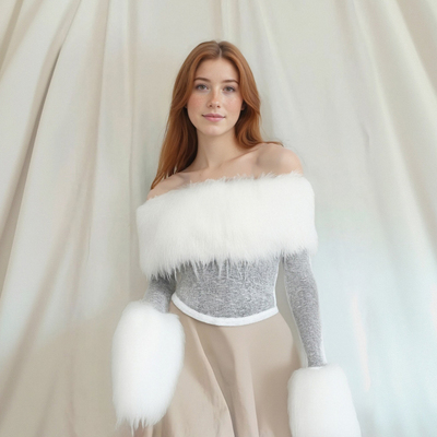 Sexy hottie style solid color short fur patchwork long-sleeved top