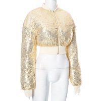 Fashionable small stand-up collar solid color sequin short autumn and winter cotton top - Thumbnail 1