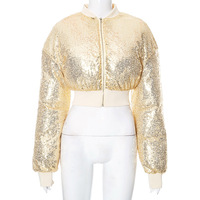 Fashionable small stand-up collar solid color sequin short autumn and winter cotton top - Thumbnail 5