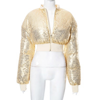 Fashionable small stand-up collar solid color sequin short autumn and winter cotton top - Thumbnail 6