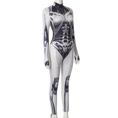 Mechanical print half-turtleneck long-sleeved jumpsuit high-elastic tights