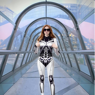 Mechanical Print Half-Turtleneck Long-Sleeved Jumpsuit High-Elastic Tights