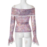 One-shoulder floral print ruffled lace trim mesh long-sleeved top - Thumbnail 1