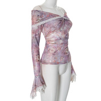One-shoulder floral print ruffled lace trim mesh long-sleeved top - Thumbnail 2