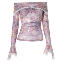 One-shoulder floral print ruffled lace trim mesh long-sleeved top - Thumbnail 3