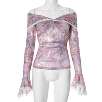 One-shoulder floral print ruffled lace trim mesh long-sleeved top - Thumbnail 5