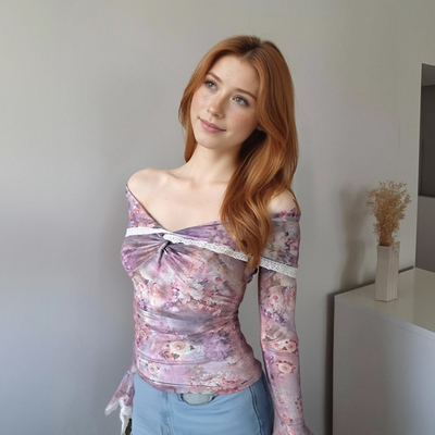 One-shoulder floral print ruffled lace trim mesh long-sleeved top
