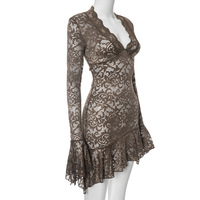 Solid color lace hollow low neck long sleeve hip skirt - Thumbnail 1