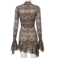 Solid color lace hollow low neck long sleeve hip skirt - Thumbnail 4