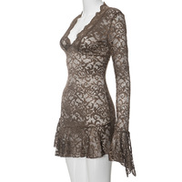 Solid color lace hollow low neck long sleeve hip skirt - Thumbnail 6