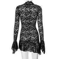 Solid color lace hollow low neck long sleeve hip skirt - Thumbnail 3