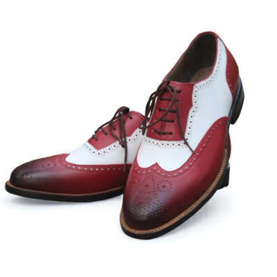 Crafted leather classic red white leather wingtip oxford lace up dress shoes - Thumbnail 1