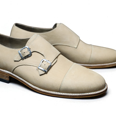 Crafted leather handmade classic cream leather monk strap dress shoes - Thumbnail 1