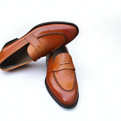 Crafted leather brown genuine leather moccasin loafers dress shoes - Thumbnail 3