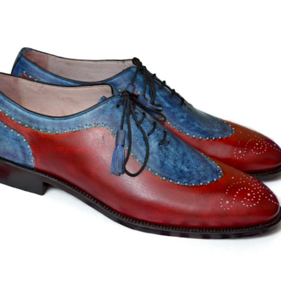 Crafted leather bespoke handmade classic blue patina and red calf unique oxford style lace up dress wedding shoes - Thumbnail 1